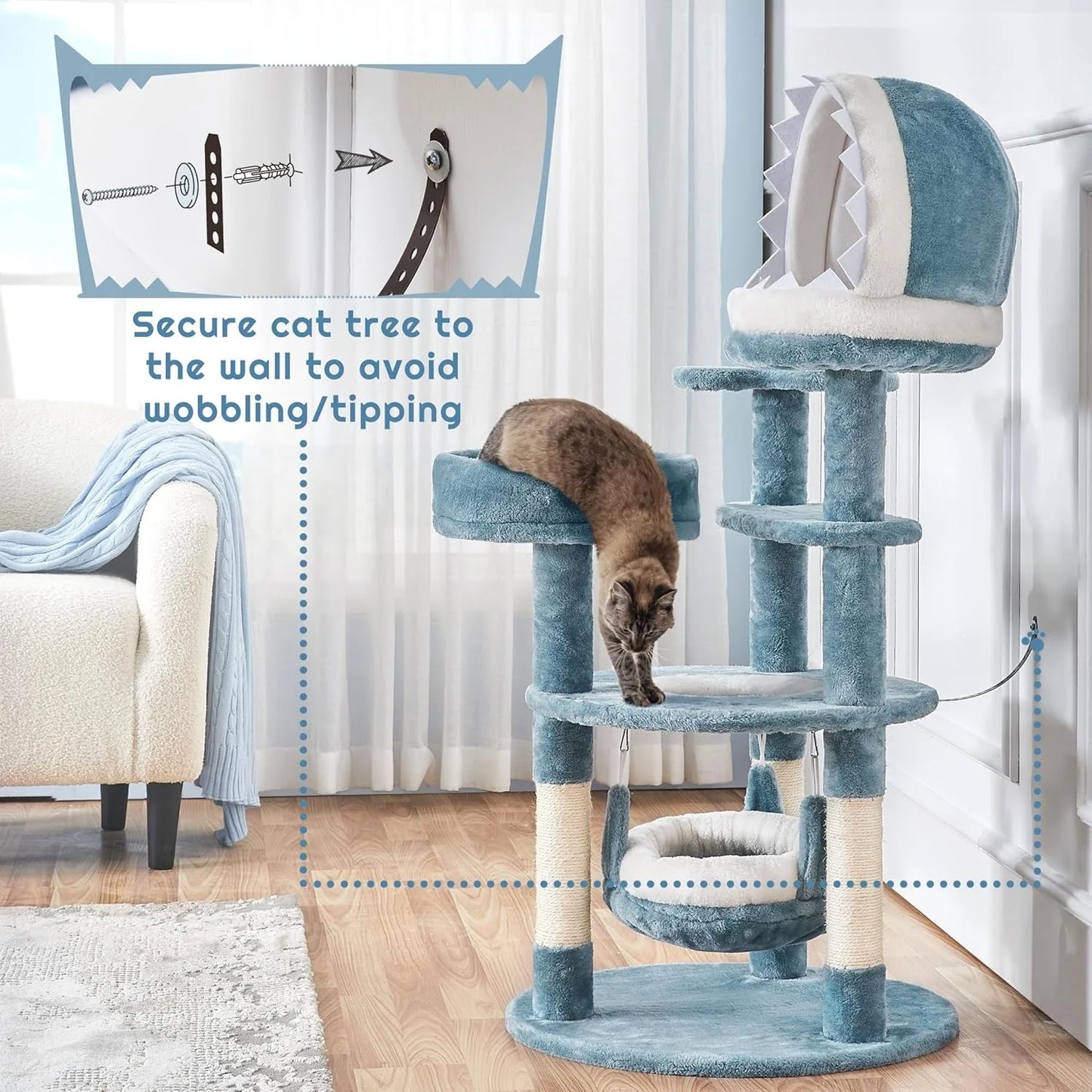 Ocean-themed multi-level cat tree with shark nest