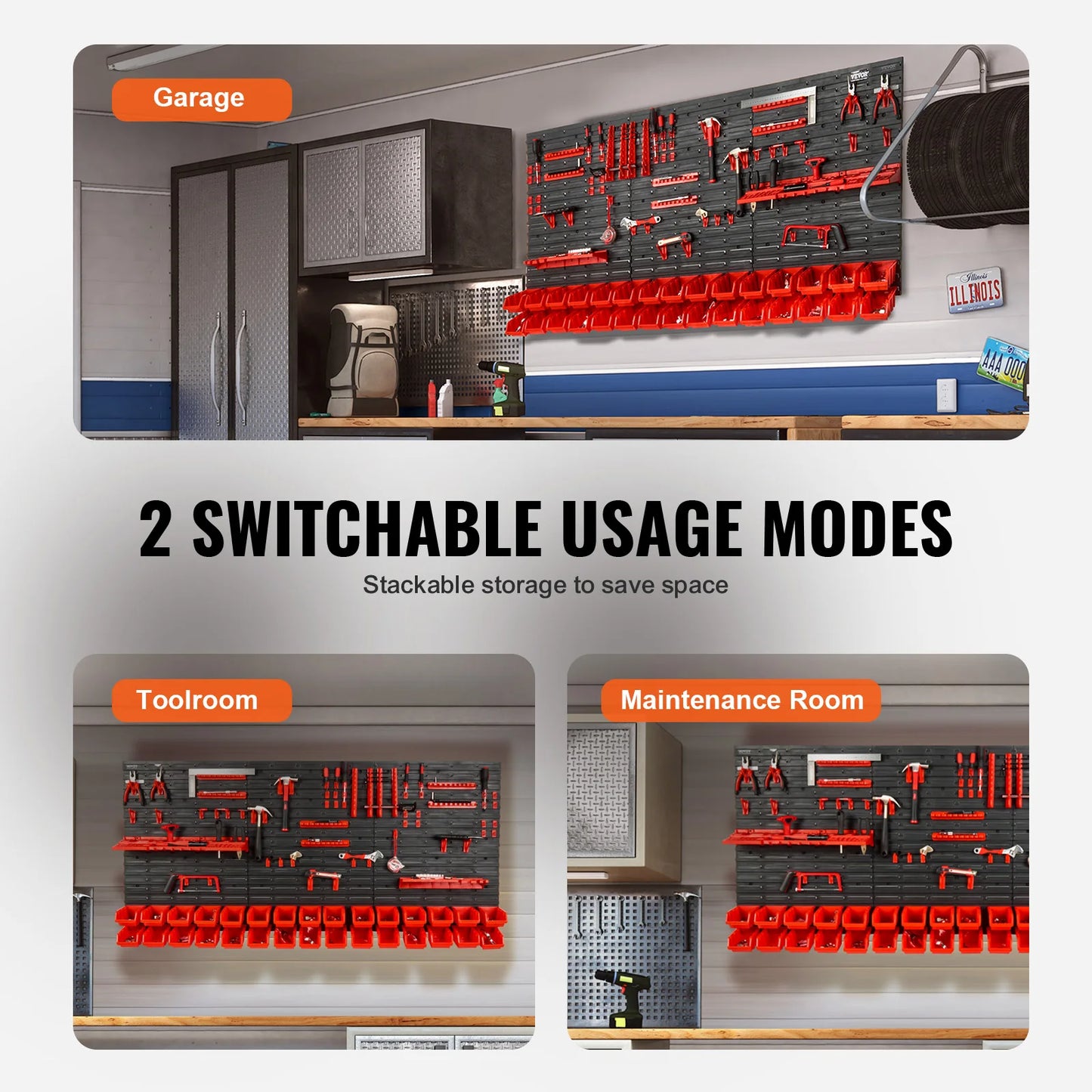 Wall-mounted storage bins and organizer for tools and parts