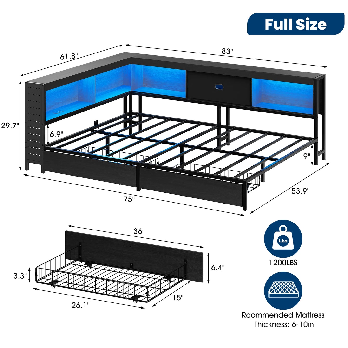 LED corner bed frame with storage and charging station