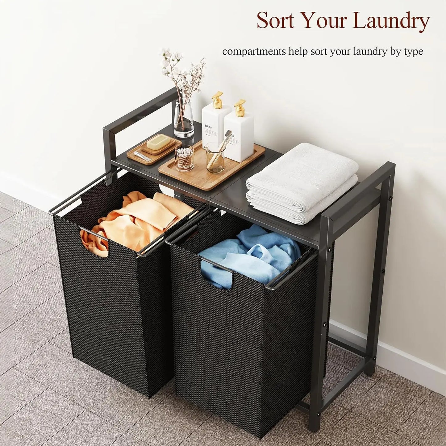 Dual compartment laundry hamper with storage shelf