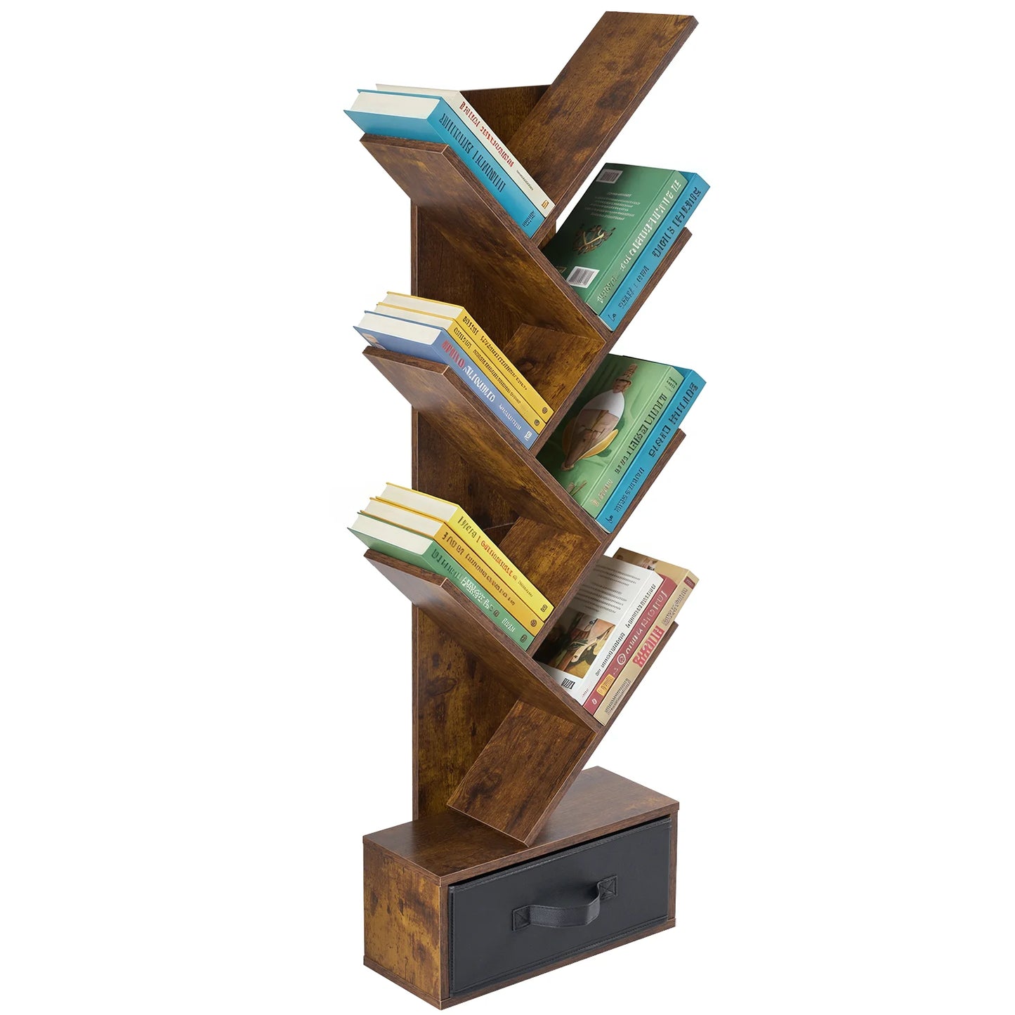 Seven-tier narrow geometric bookshelf with drawer