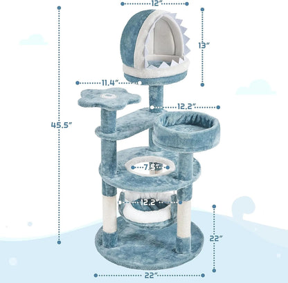 Ocean-themed multi-level cat tree with shark nest