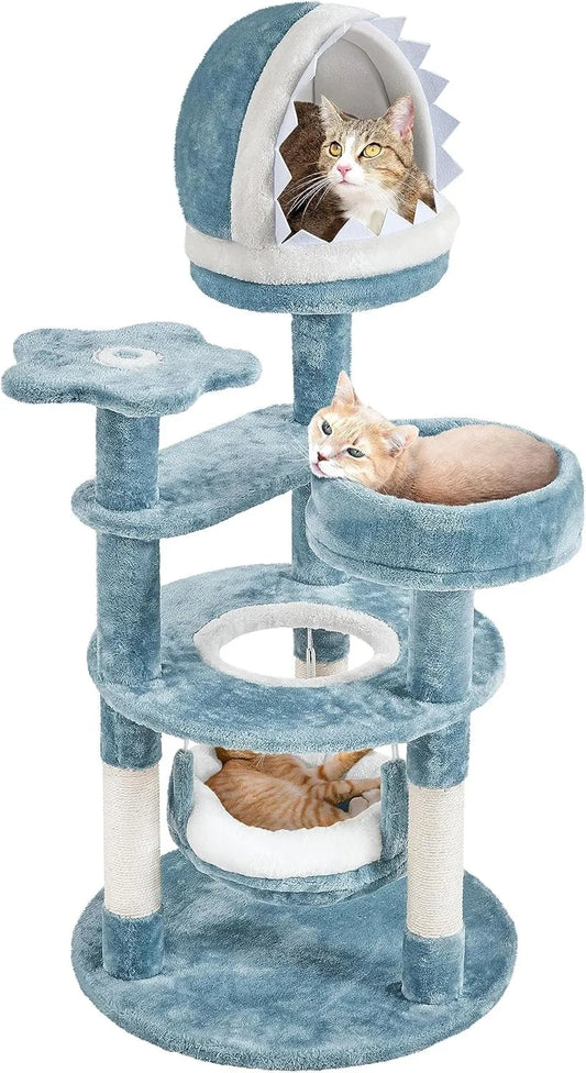 Ocean-themed multi-level cat tree with shark nest