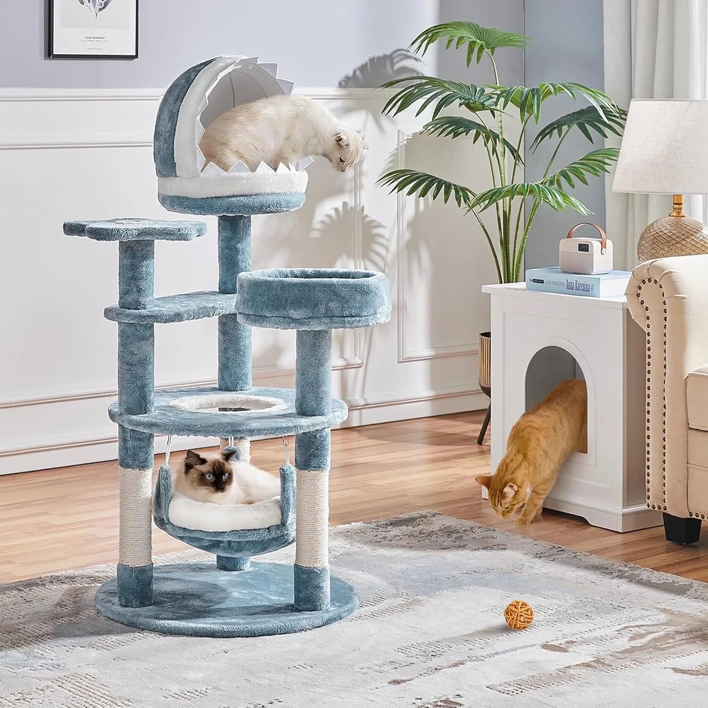 Ocean-themed multi-level cat tree with shark nest
