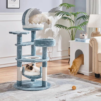Ocean-themed multi-level cat tree with shark nest