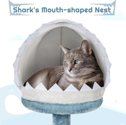 Ocean-themed multi-level cat tree with shark nest
