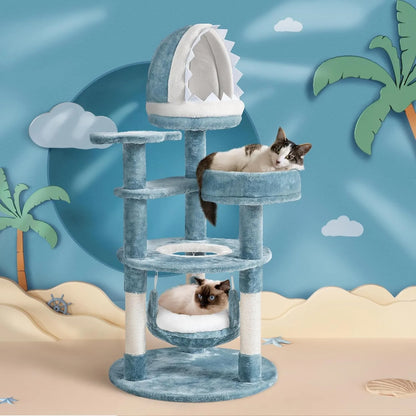 Ocean-themed multi-level cat tree with shark nest