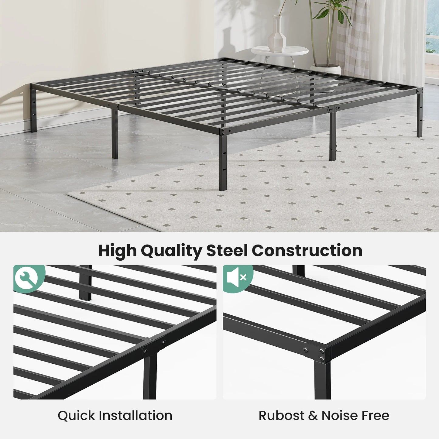 Heavy-duty metal platform bed frame with storage space