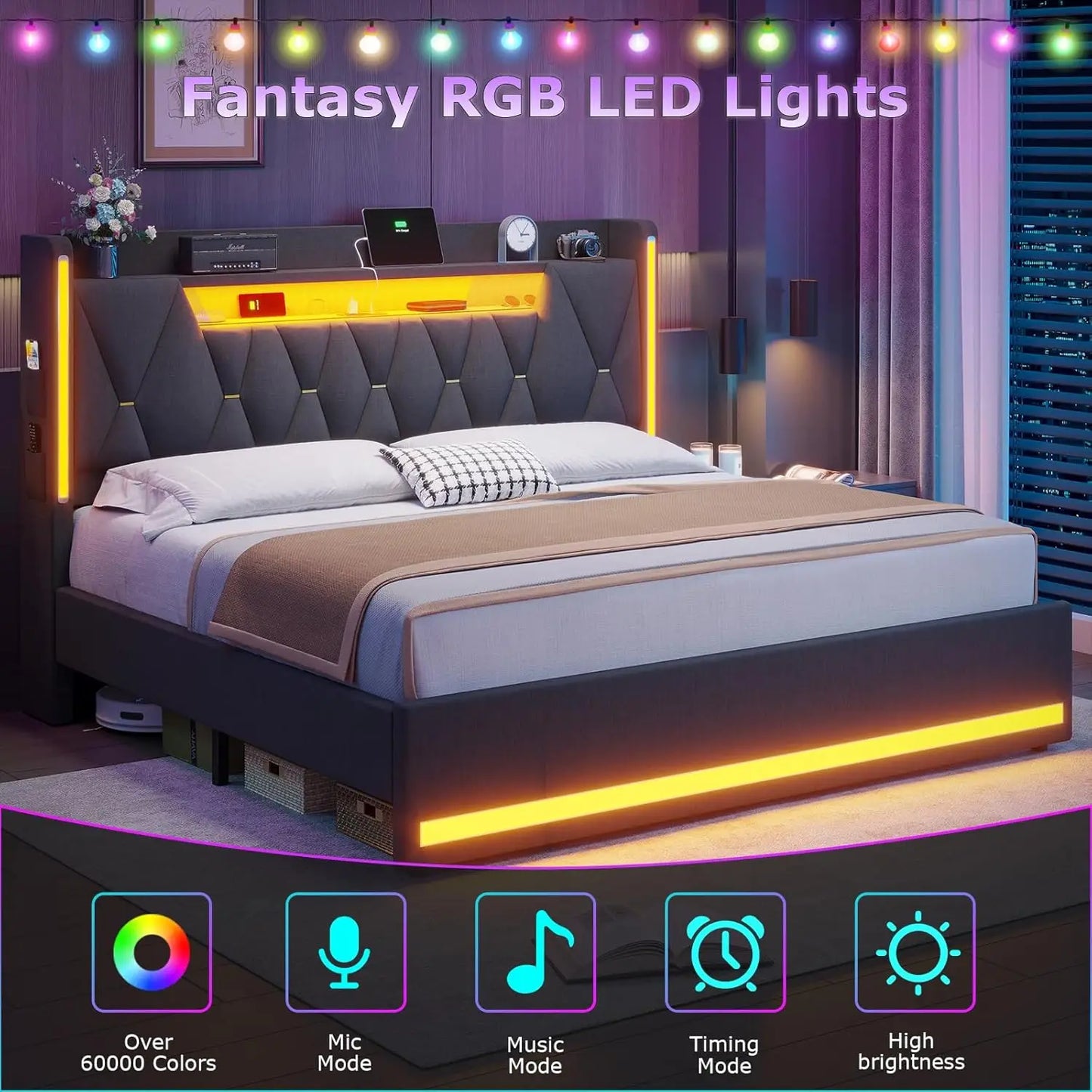 LED king bed frame with storage and charging station