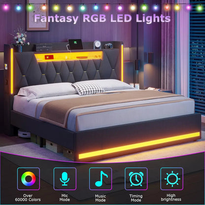 LED king bed frame with storage and charging station