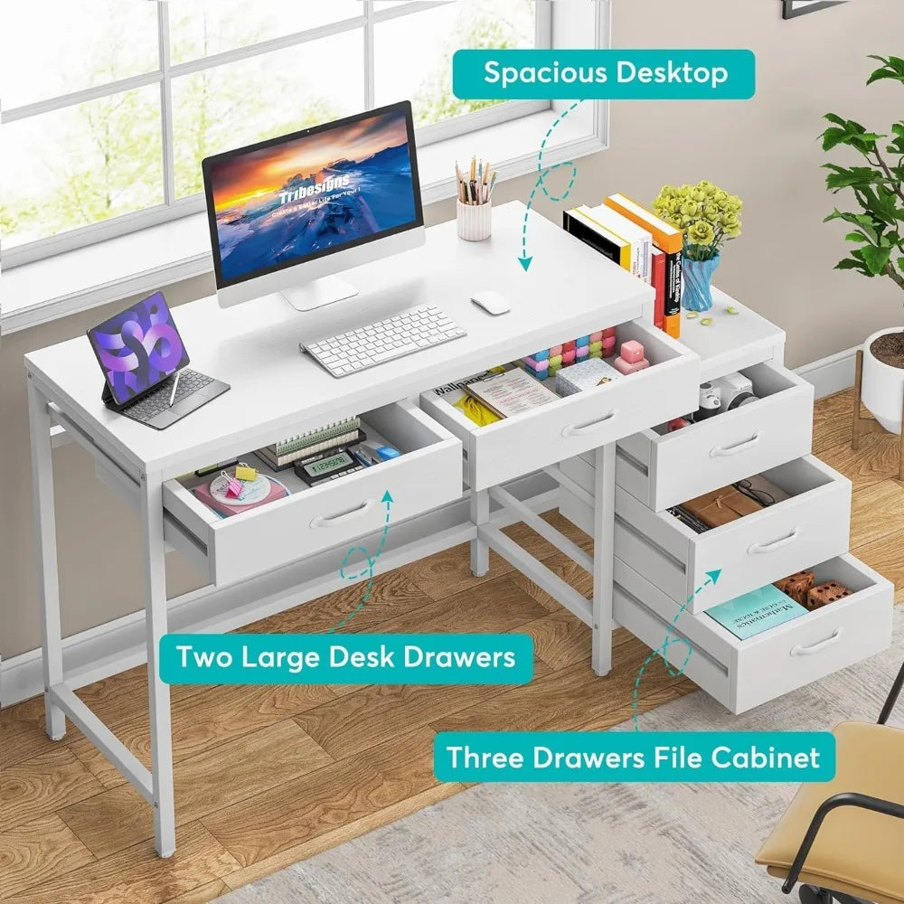 Industrial computer desk with five drawers and storage
