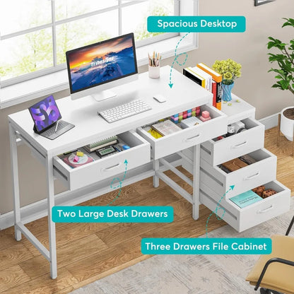 Industrial computer desk with five drawers and storage
