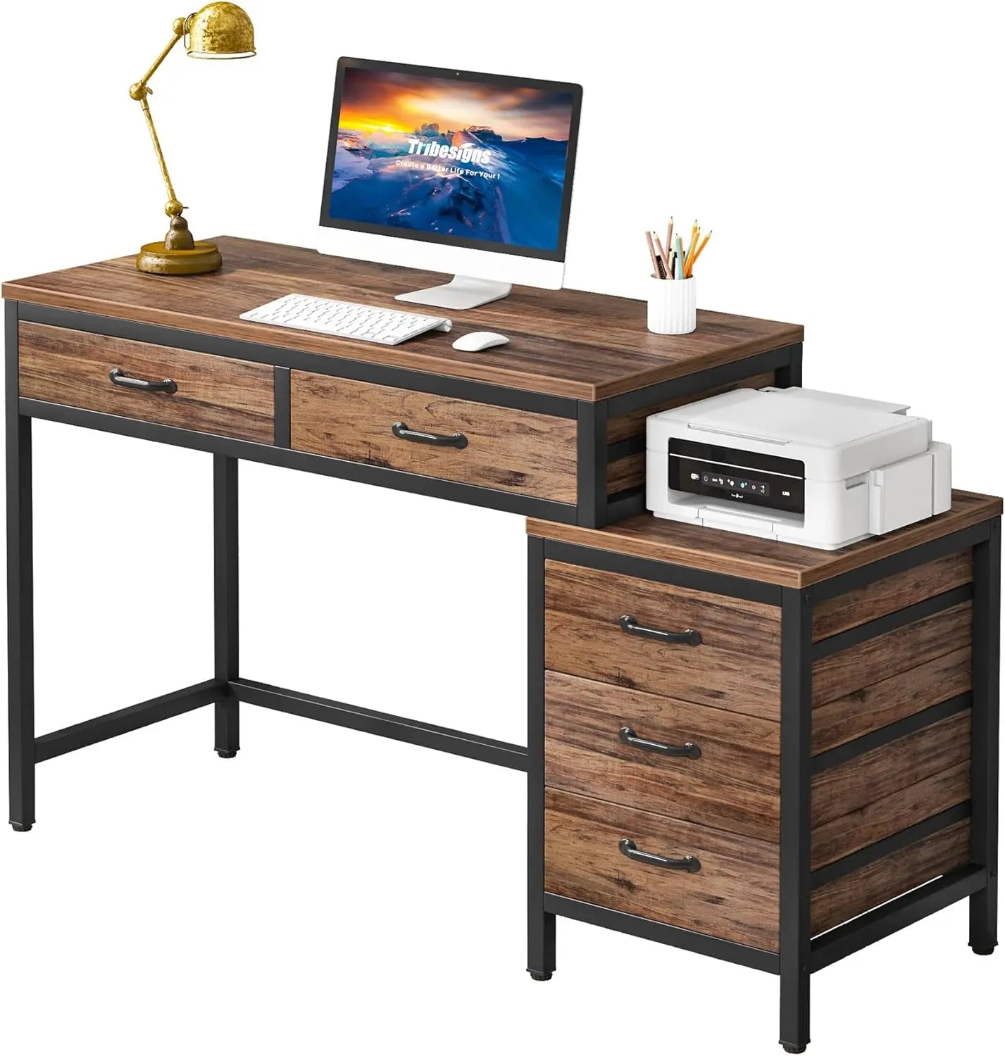 Industrial computer desk with five drawers and storage