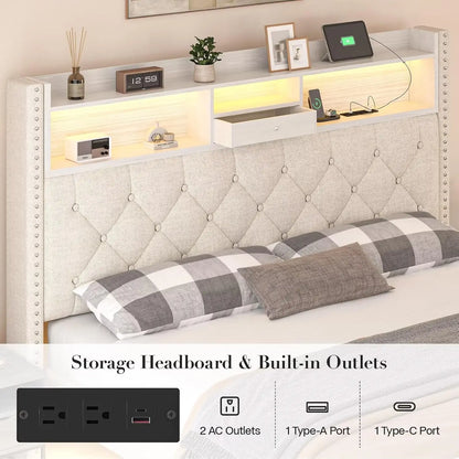Queen platform bed with storage and charging station