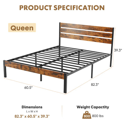 Wooden headboard platform bed with sturdy metal frame
