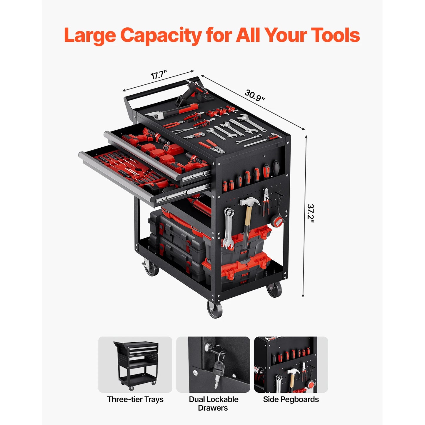 Five-tier rolling tool cart with pegboard storage