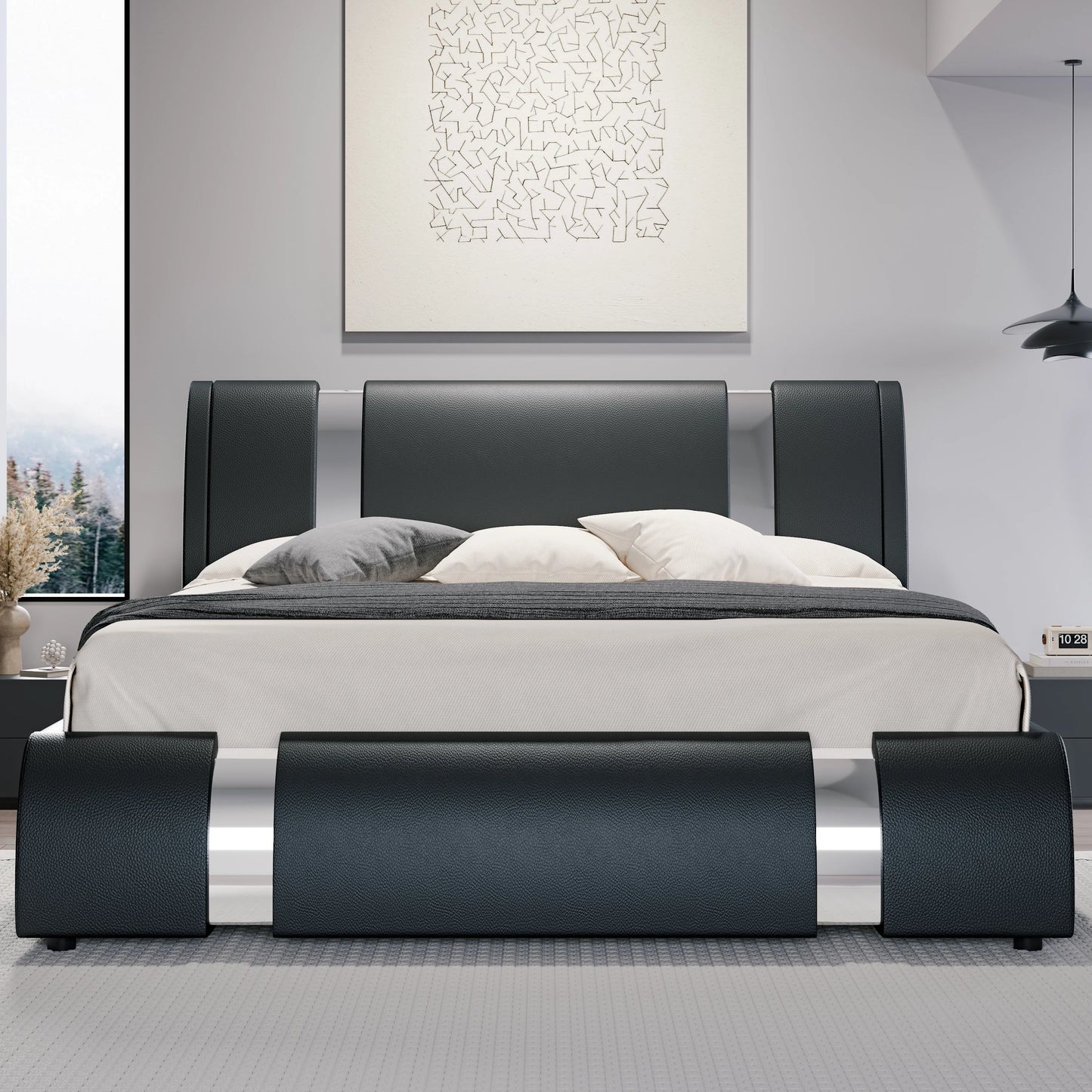 Modern faux leather platform bed with adjustable headboard