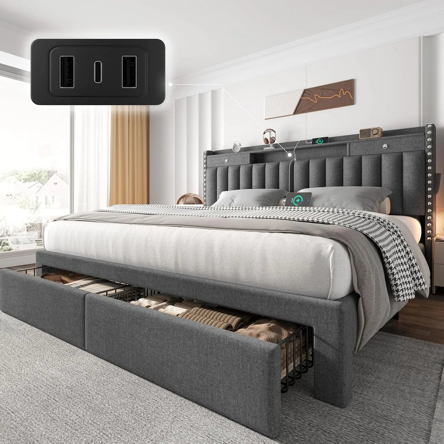 King bed frame with storage and USB charging