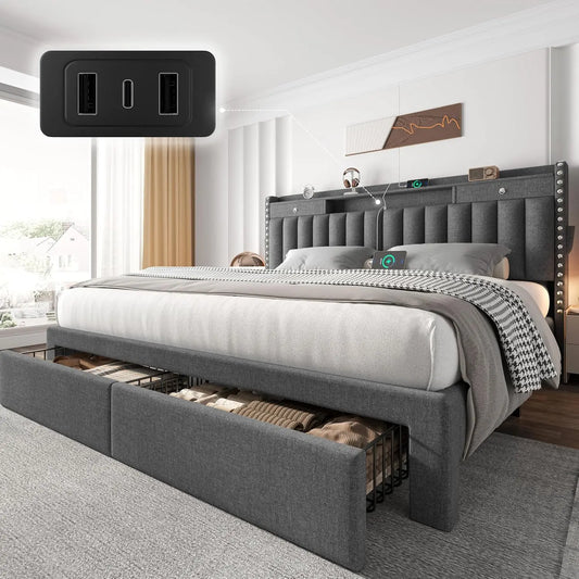King bed frame with storage and USB charging
