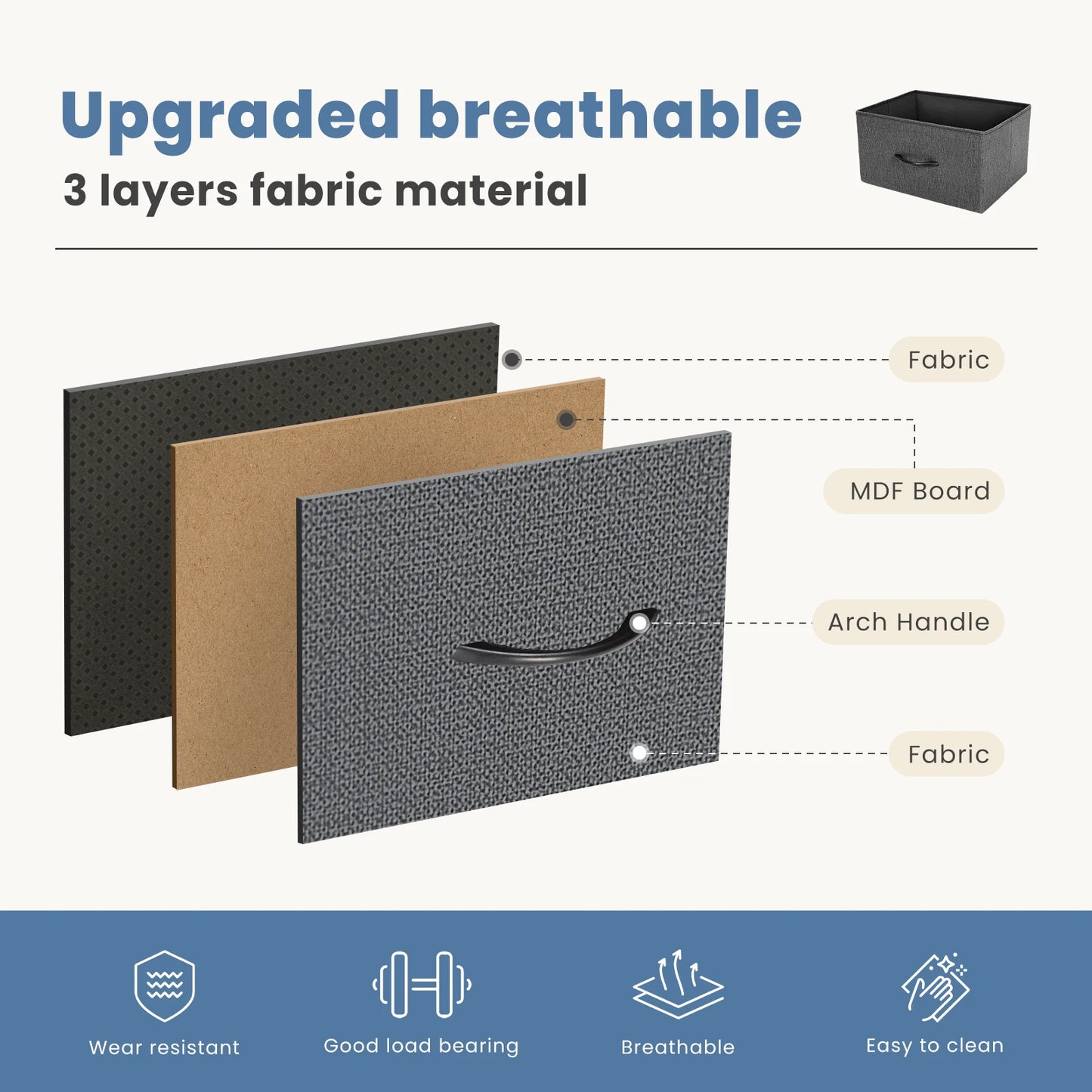 Bedroom dresser with four fabric storage drawers