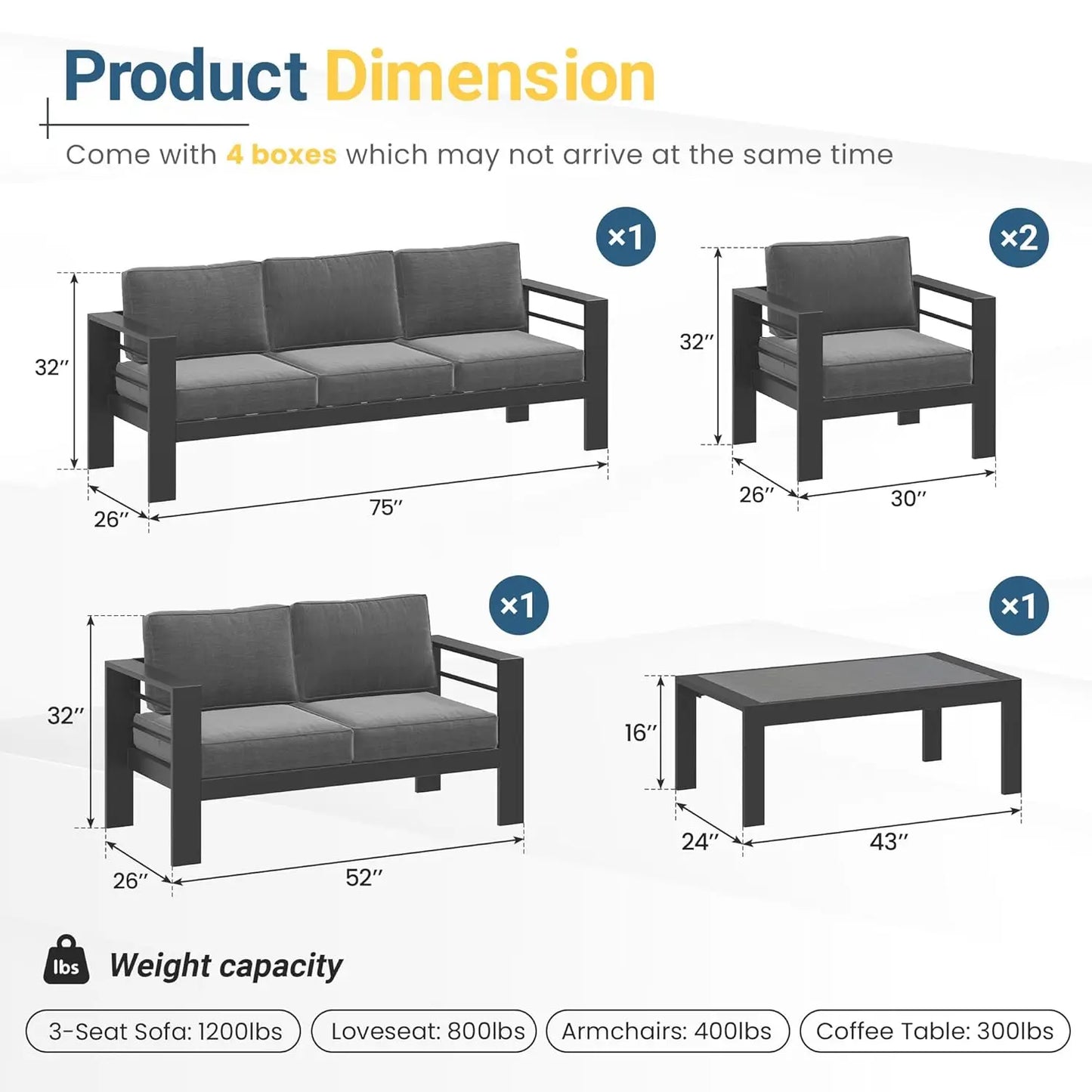 Oversized Aluminum Patio Furniture Set for All Weather with 27.5" Deep Seating Customizable Metal Outdoor Living Room Set