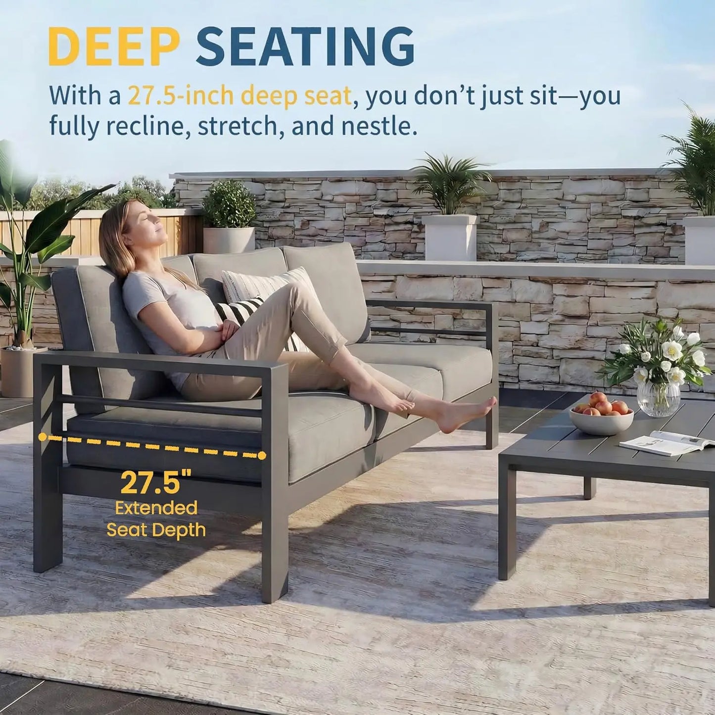 Oversized Aluminum Patio Furniture Set for All Weather with 27.5" Deep Seating Customizable Metal Outdoor Living Room Set