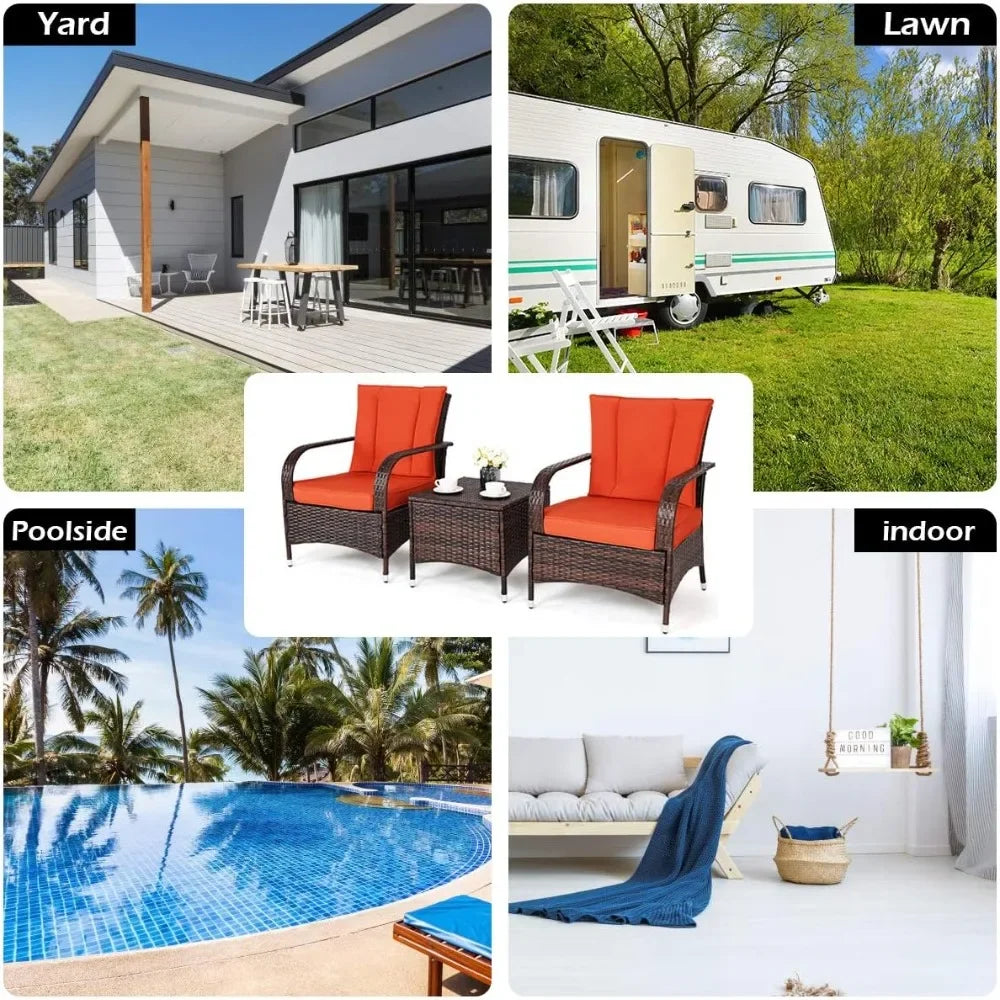 Three-piece wicker patio furniture set with glass table