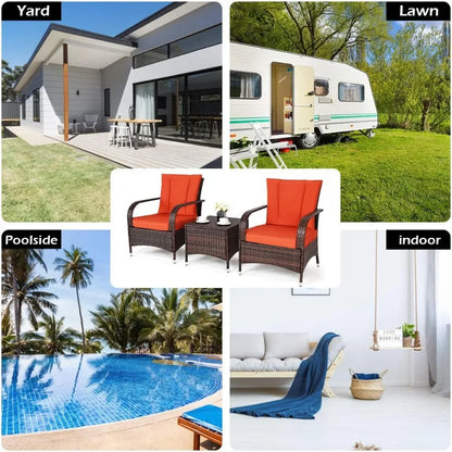 Three-piece wicker patio furniture set with glass table