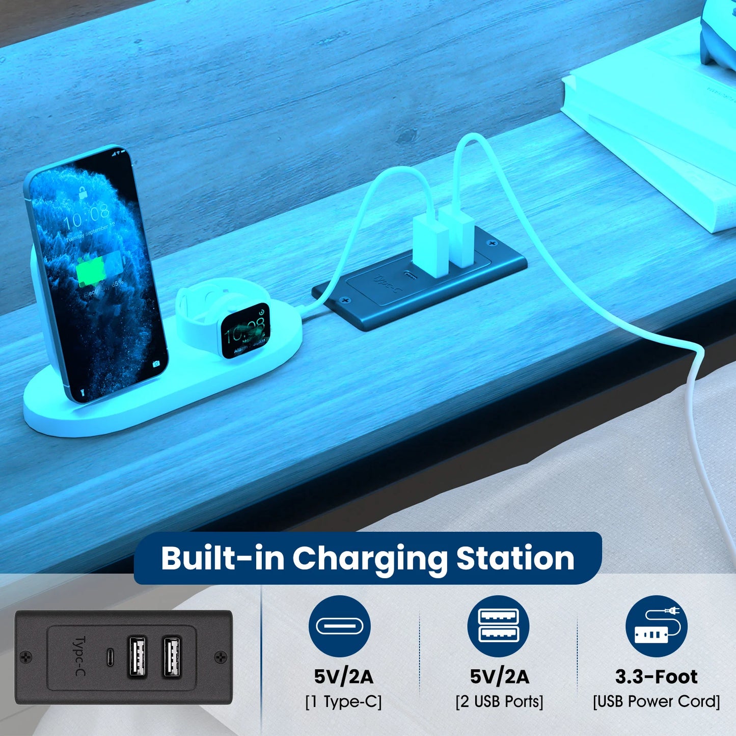LED corner bed frame with storage and charging station