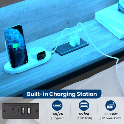 LED corner bed frame with storage and charging station