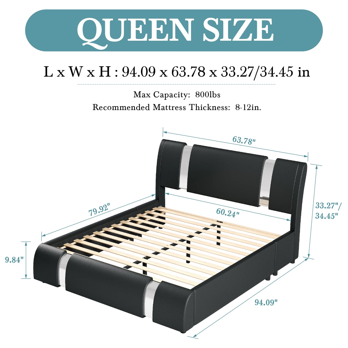 Modern faux leather platform bed with adjustable headboard