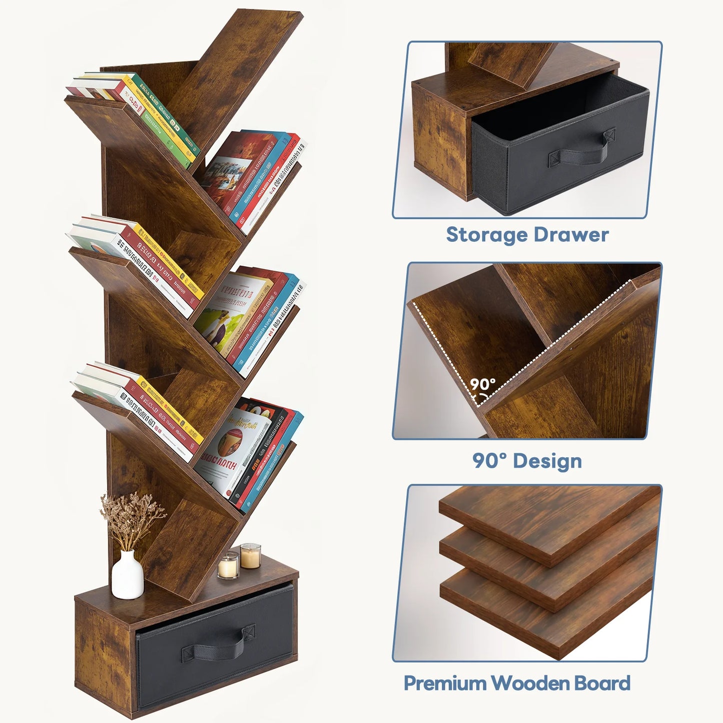 Seven-tier narrow geometric bookshelf with drawer