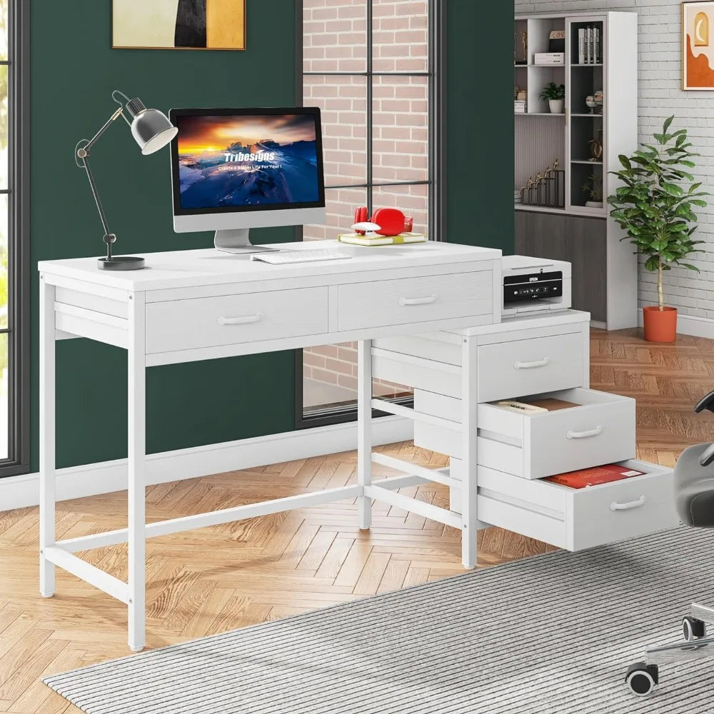 Industrial computer desk with five drawers and storage