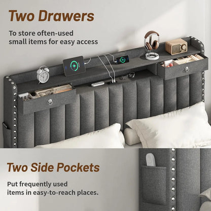 King bed frame with storage and USB charging