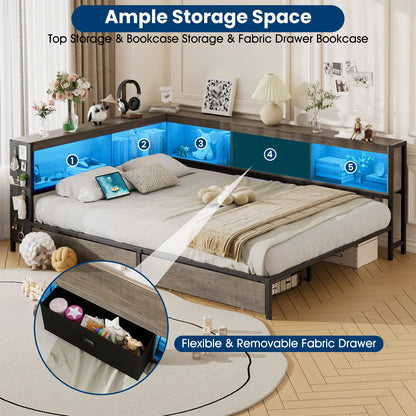 LED corner bed frame with storage and charging station