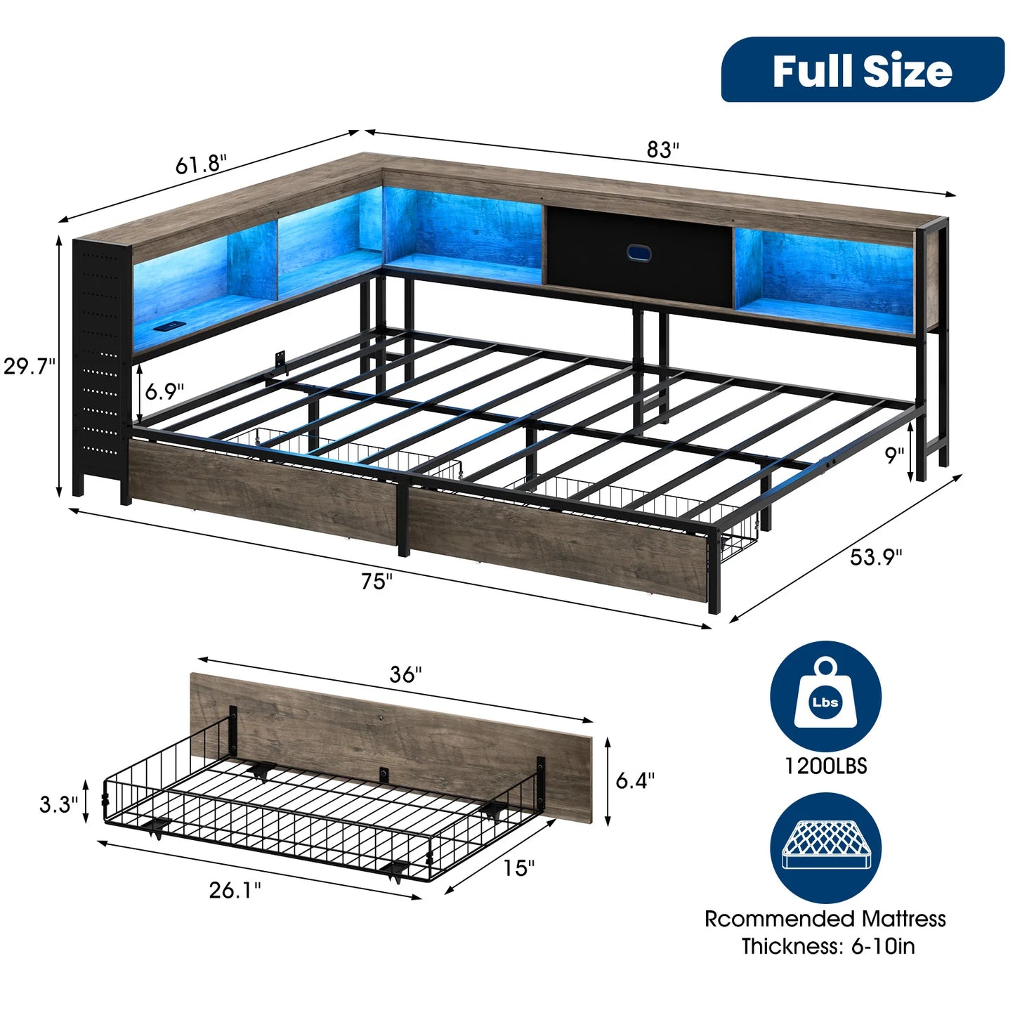 LED corner bed frame with storage and charging station