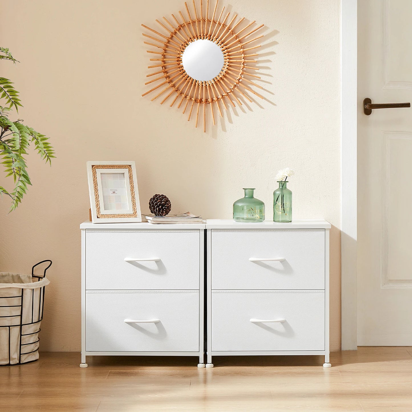 Bedroom nightstand with two fabric storage drawers