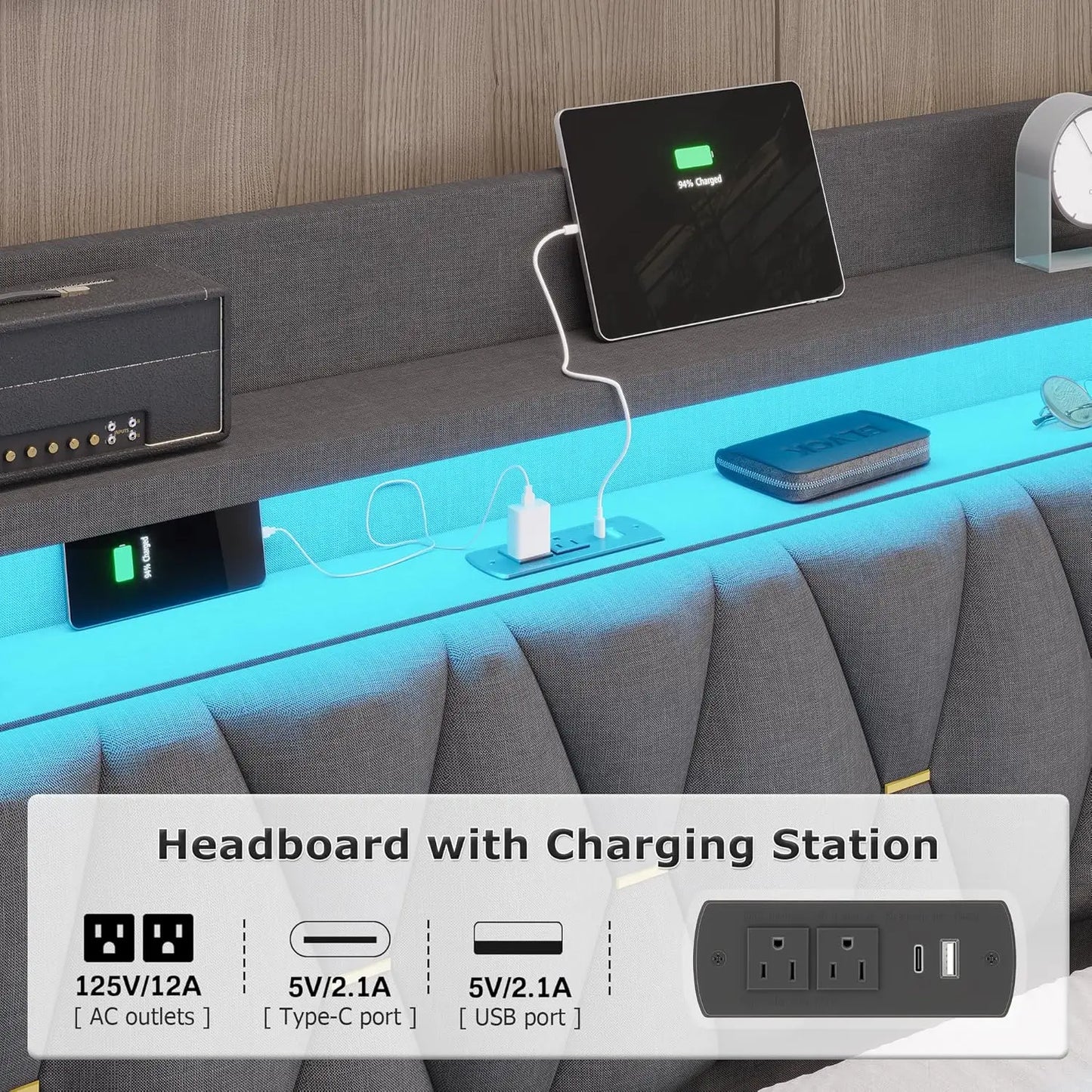 LED king bed frame with storage and charging station