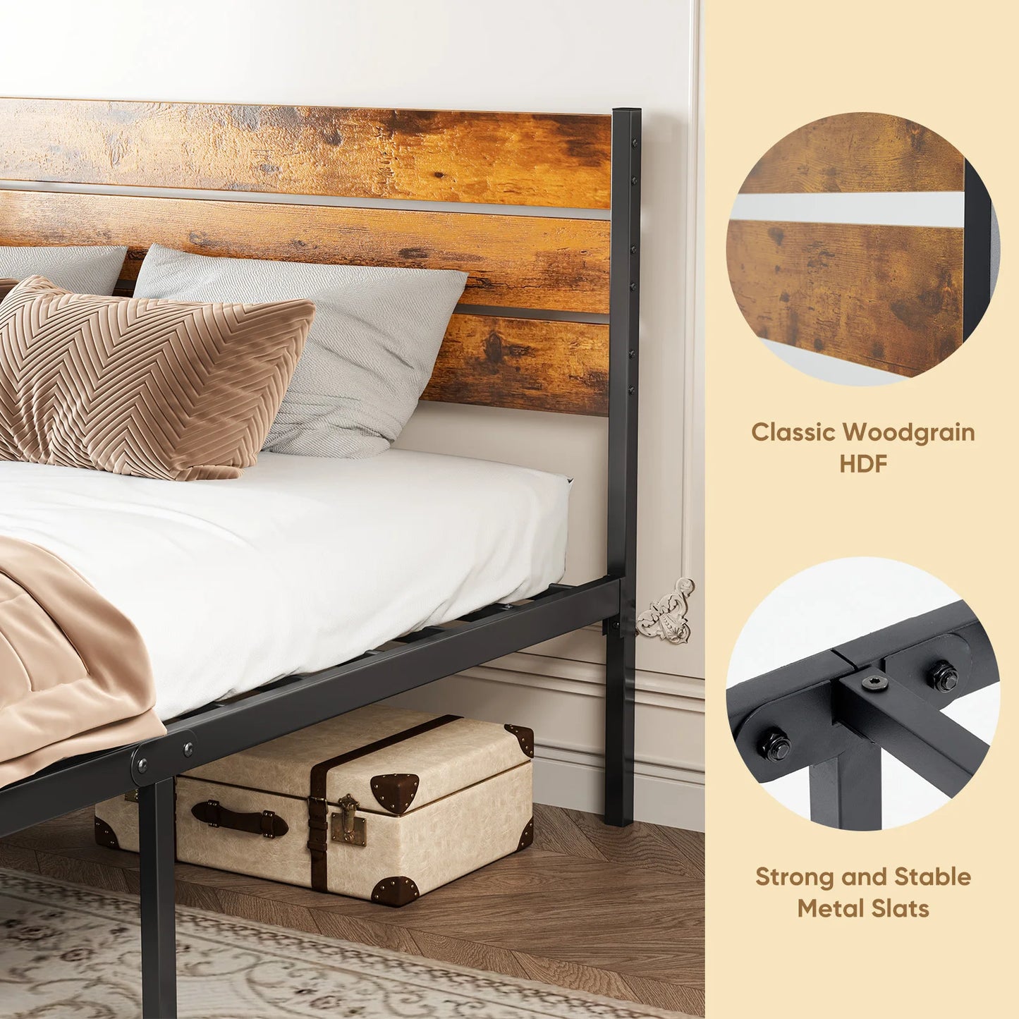 Wooden headboard platform bed with sturdy metal frame