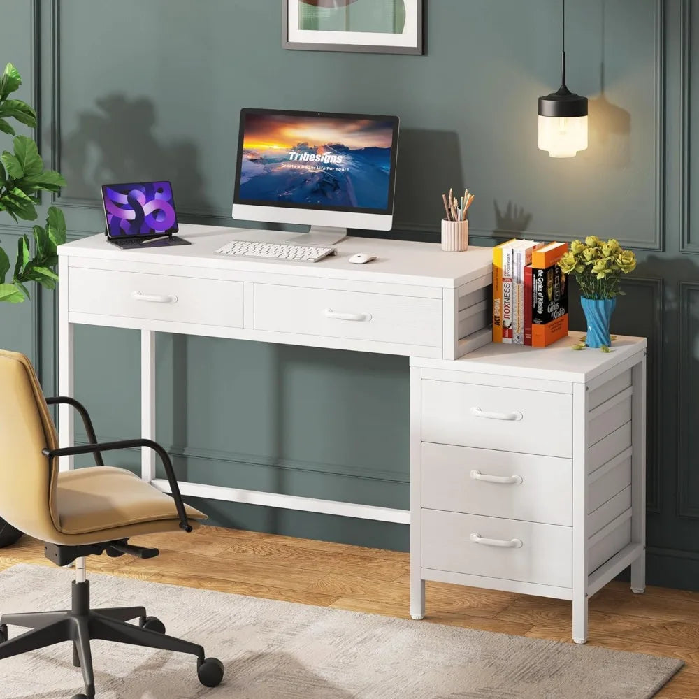 Industrial computer desk with five drawers and storage