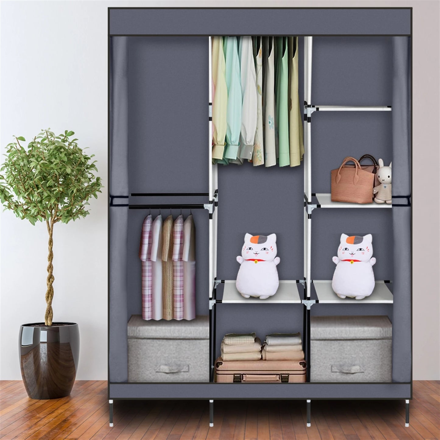 Portable wardrobe closet rack with storage shelves