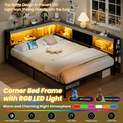 LED corner bed frame with storage and charging station