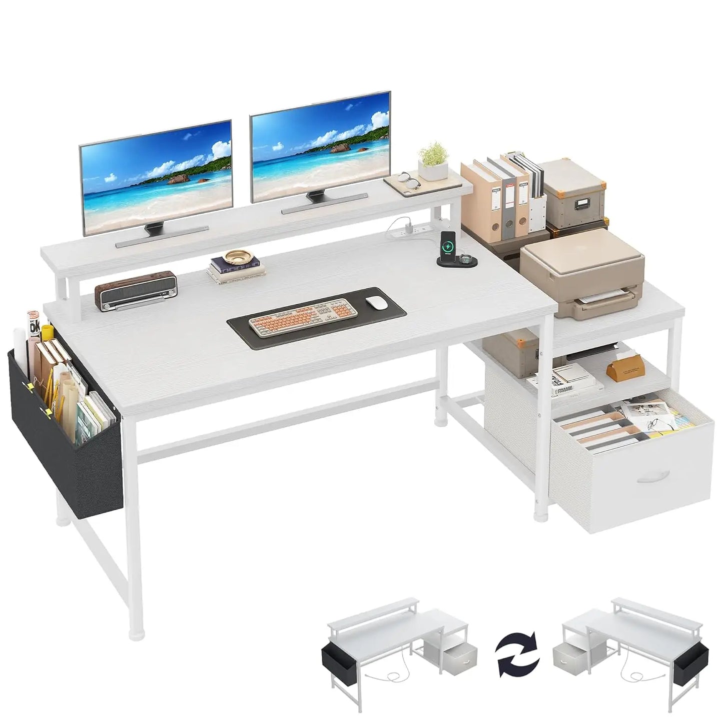 Office desk with drawers, outlets, and printer space