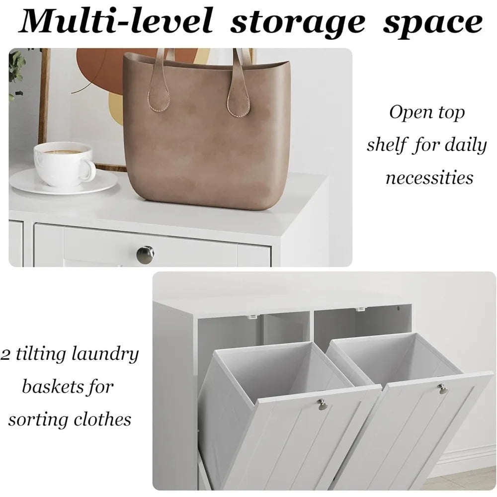 Tilt-out double laundry hamper cabinet with baskets