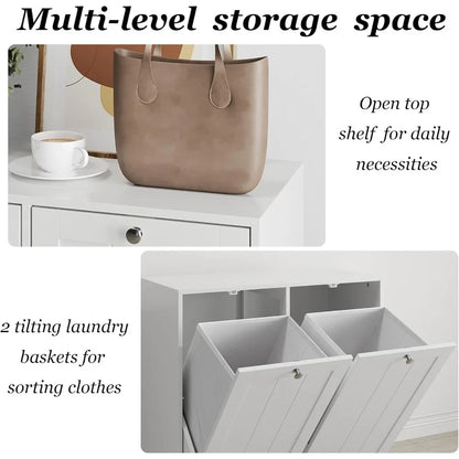 Tilt-out double laundry hamper cabinet with baskets