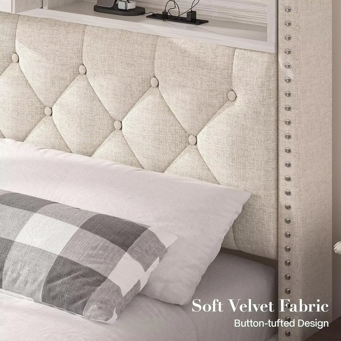 Queen platform bed with storage and charging station