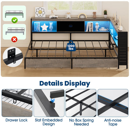 LED corner bed frame with storage and charging station