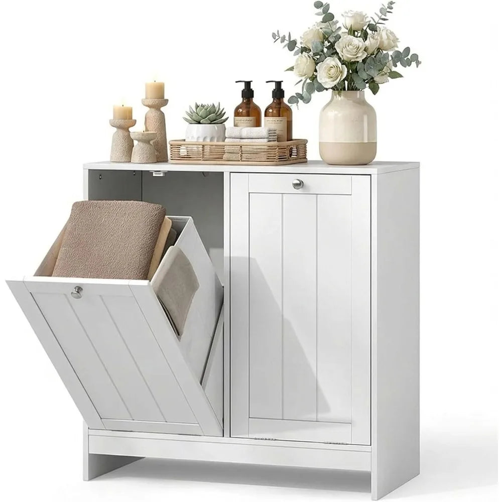 Tilt-out double laundry hamper cabinet with baskets