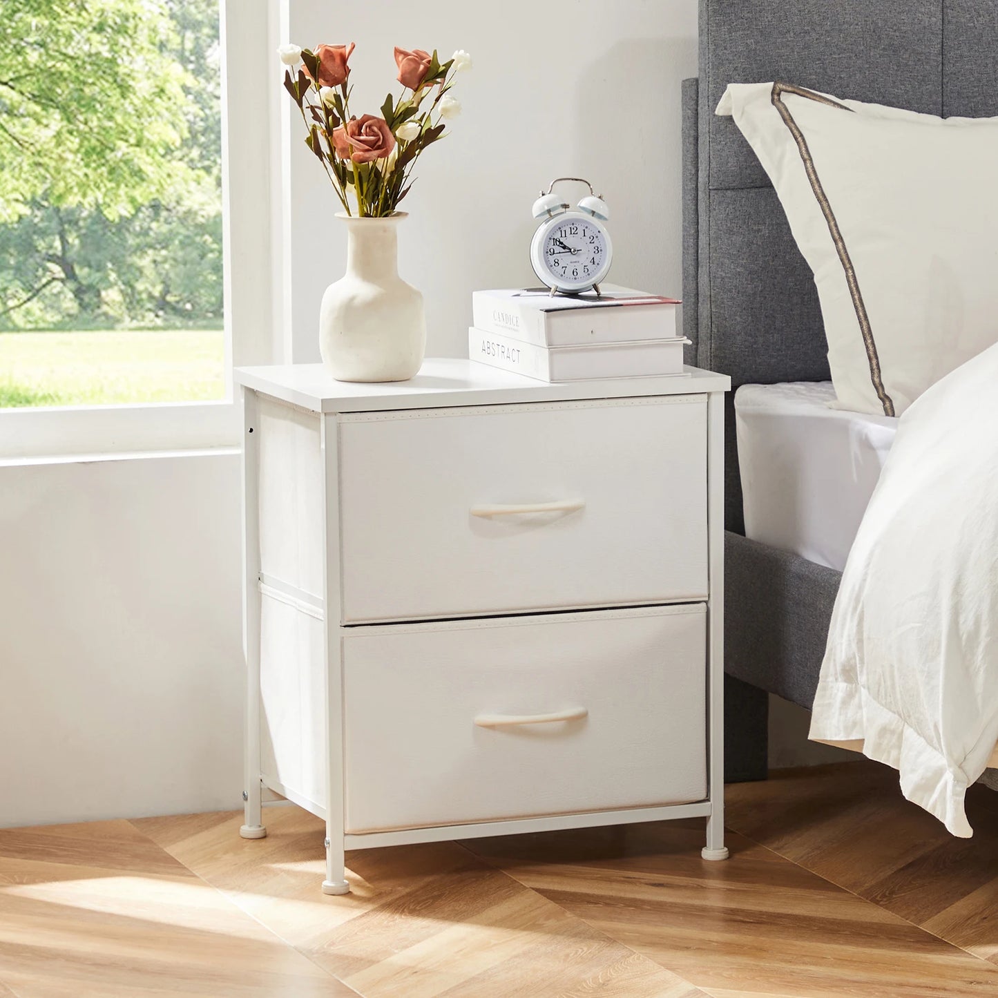 Bedroom nightstand with two fabric storage drawers