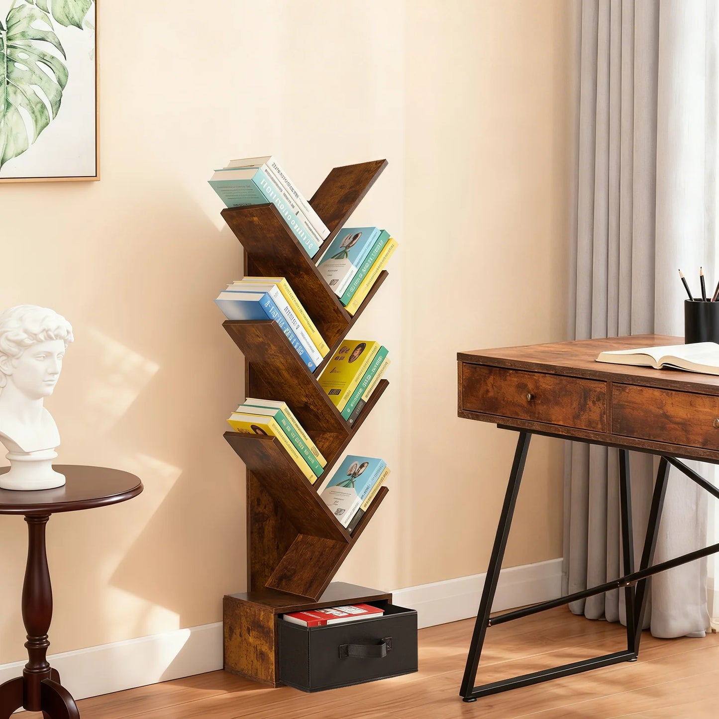 Seven-tier narrow geometric bookshelf with drawer